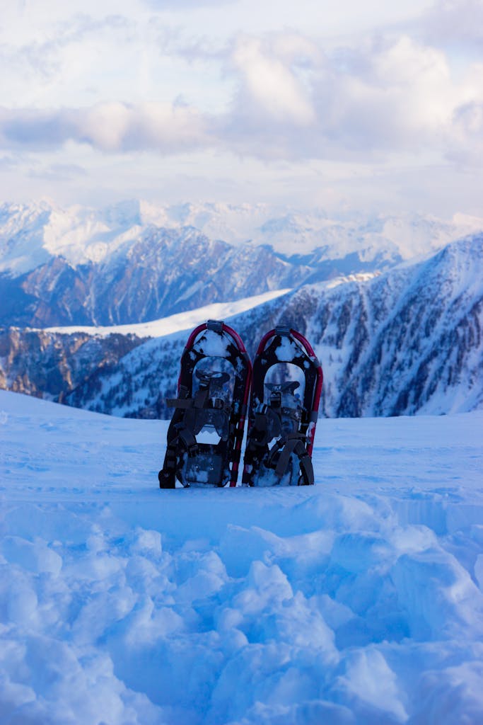 Snowshoes on a snowy mountain with a breathtaking winter view.